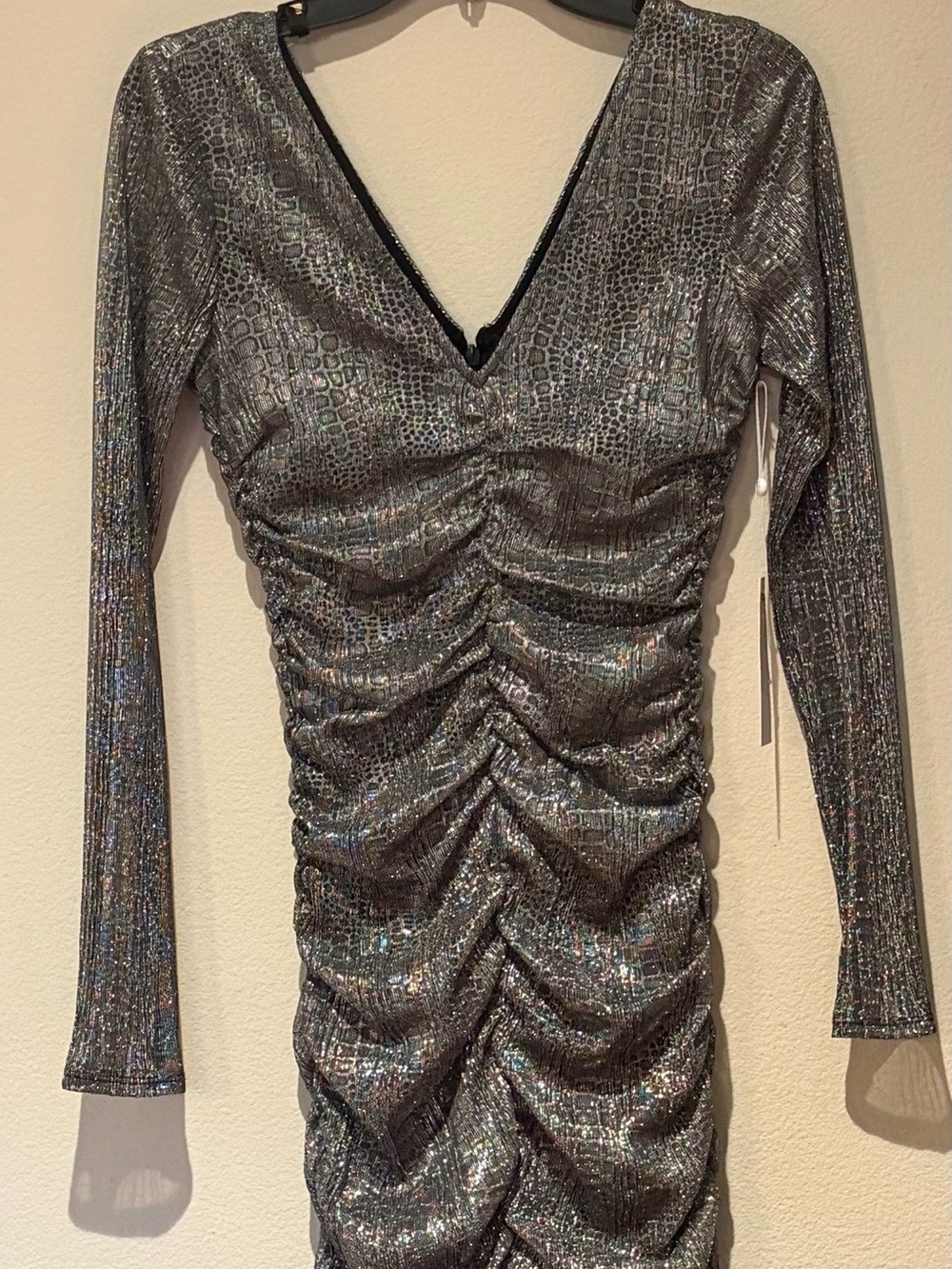 Silver Metallic Ruched V-Neck Long Sleeve Dress